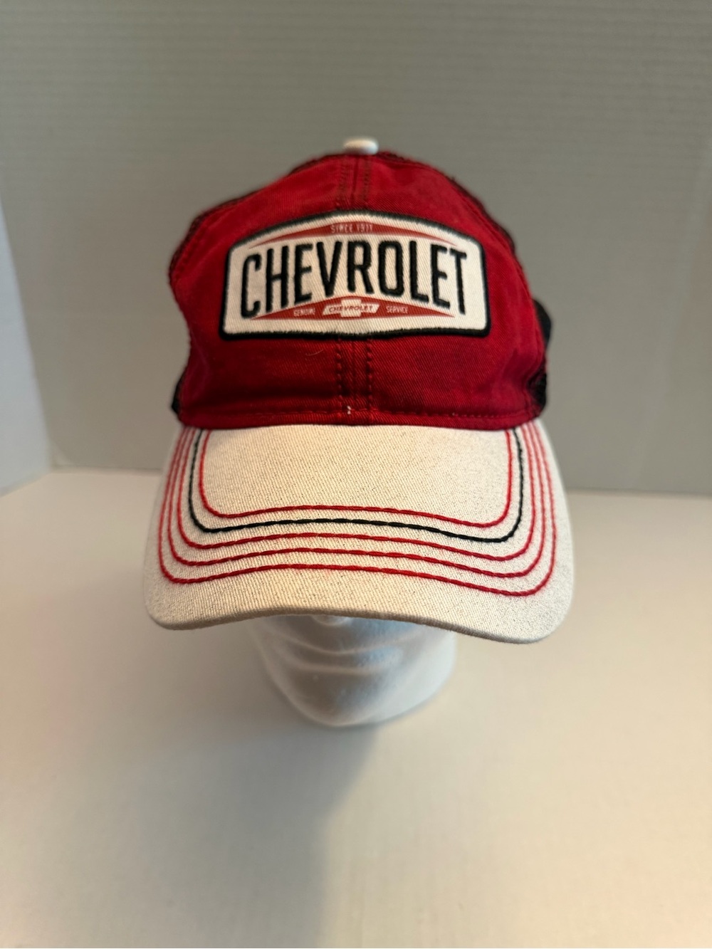 Chevrolet Red and White Logo Baseball Cap. Distressed.